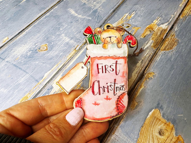 Wooden Hanging First Christmas Pink Stocking