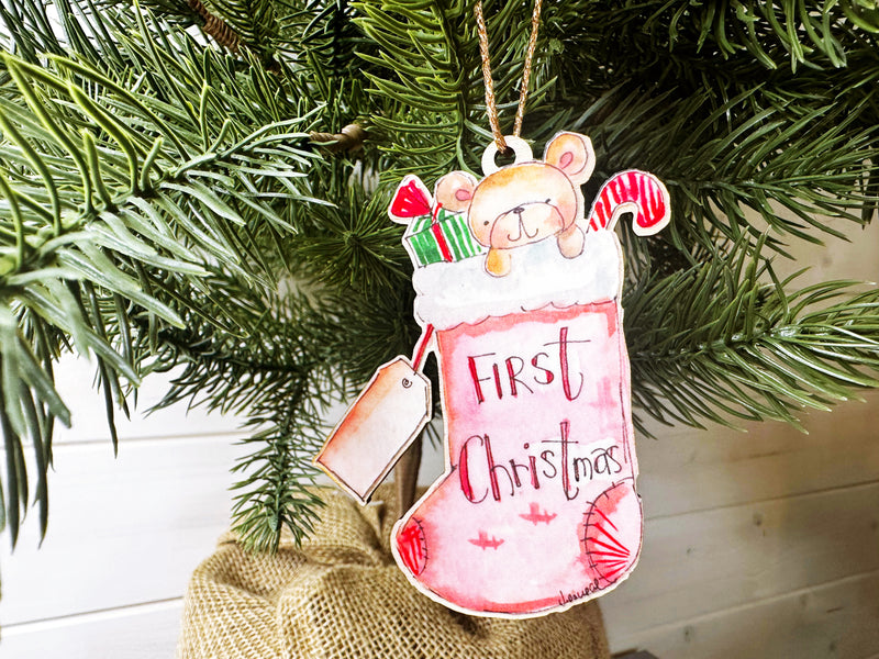 Wooden Hanging First Christmas Pink Stocking