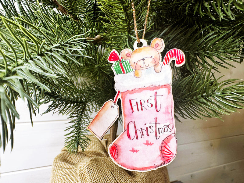 Wooden Hanging First Christmas Pink Stocking