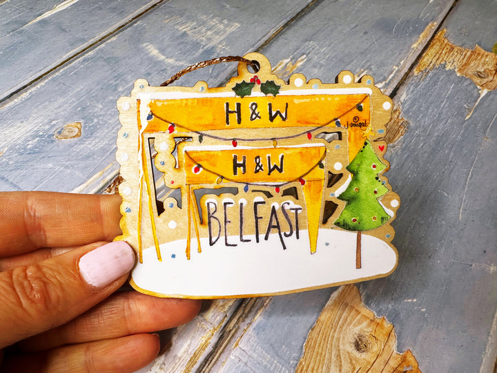 Wooden Hanging Harland and Wolff Belfast Little Cranes Christmas Decoration