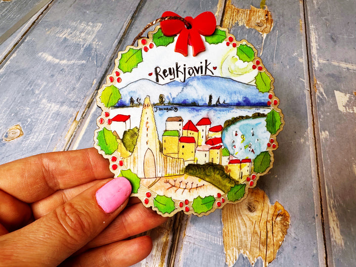 Wooden Hanging Christmas Scene Reykjavik Iceland Christmas Decoration (Copy)
