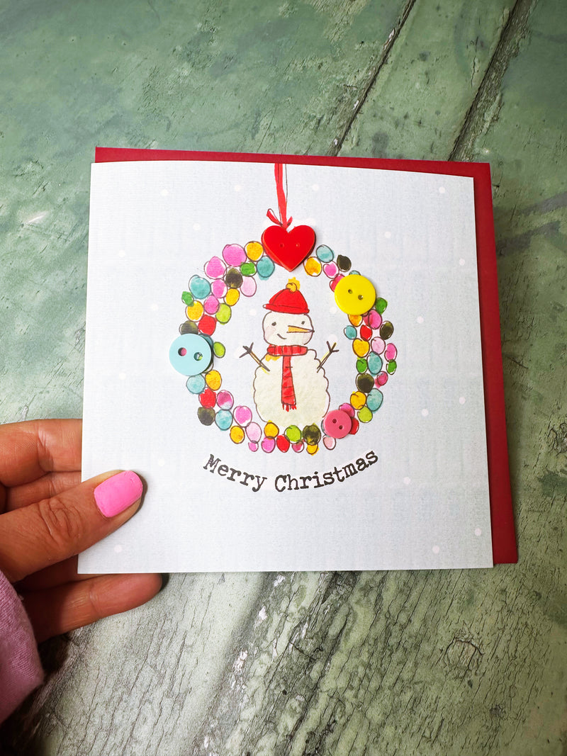 Button Snowman Wreath Christmas Card - Personalised