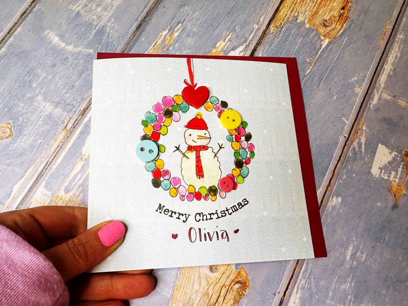 Button Snowman Wreath Christmas Card - Personalised