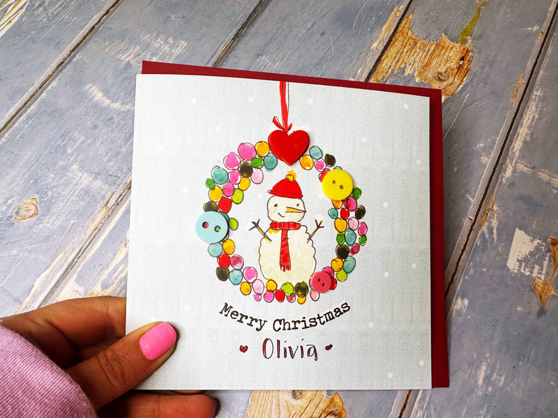 Button Snowman Wreath Christmas Card - Personalised