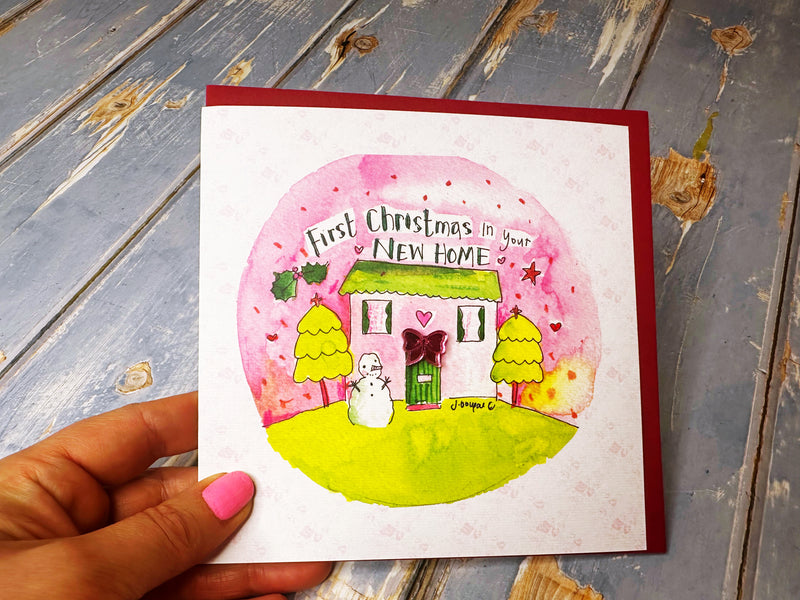 Pink Cute First Christmas in your New Home Card - Personalised