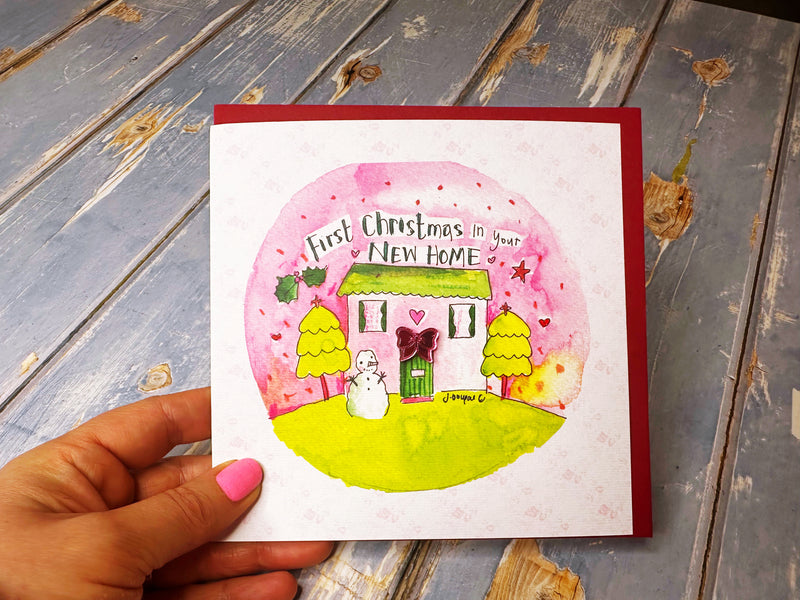 Pink Cute First Christmas in your New Home Card - Personalised