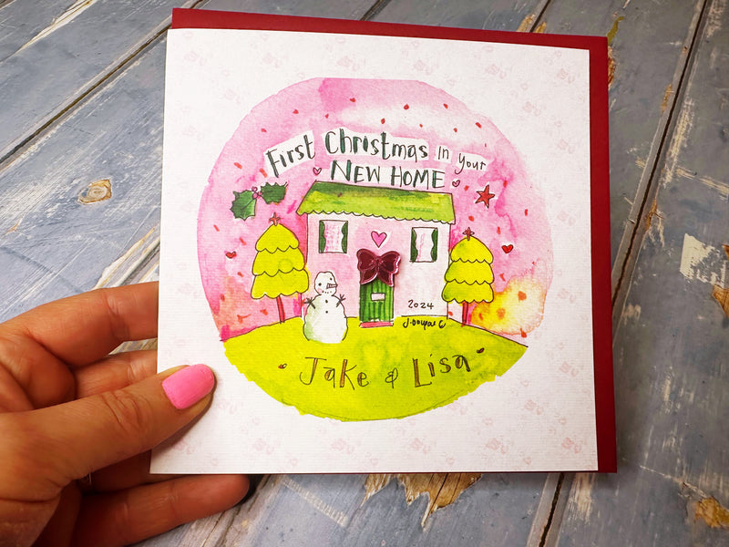 Pink Cute First Christmas in your New Home Card - Personalised