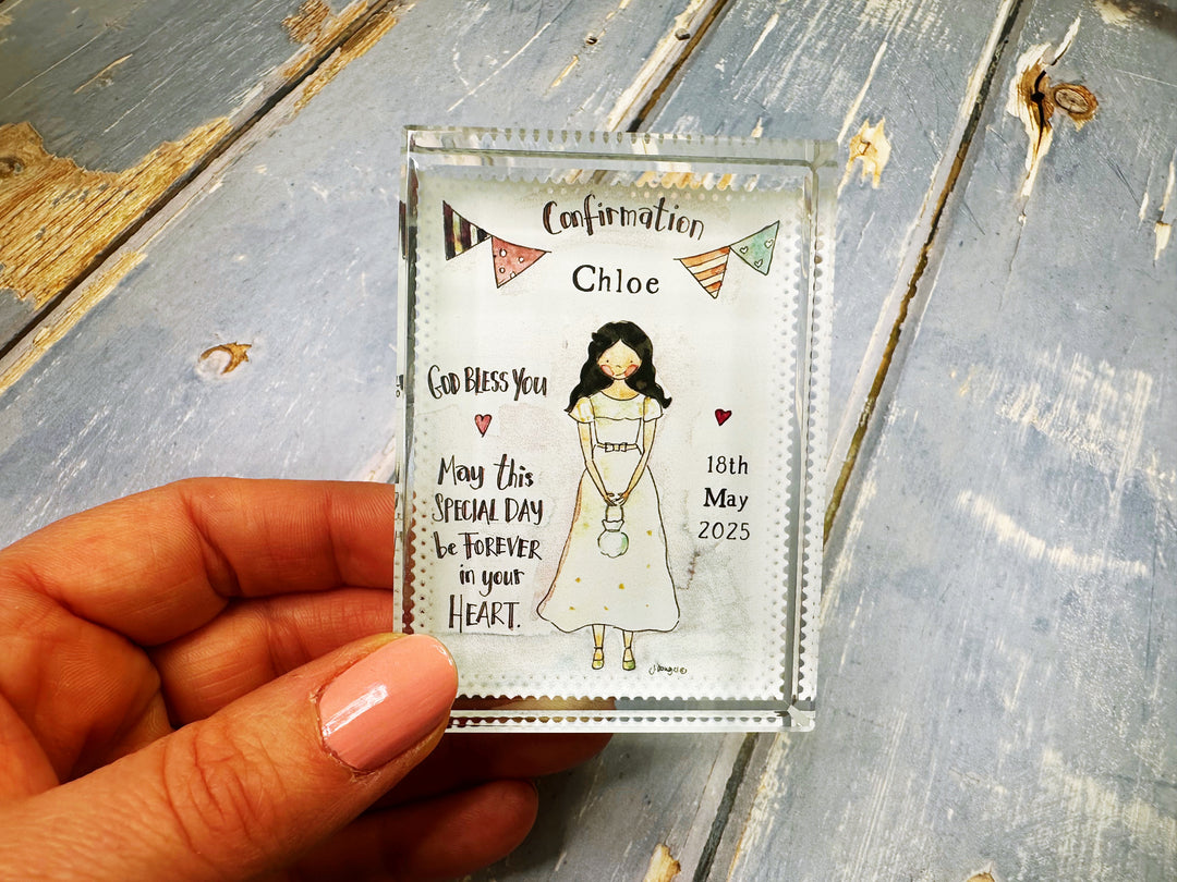 Confirmation Girl with background Little Glass Keepsake Block
