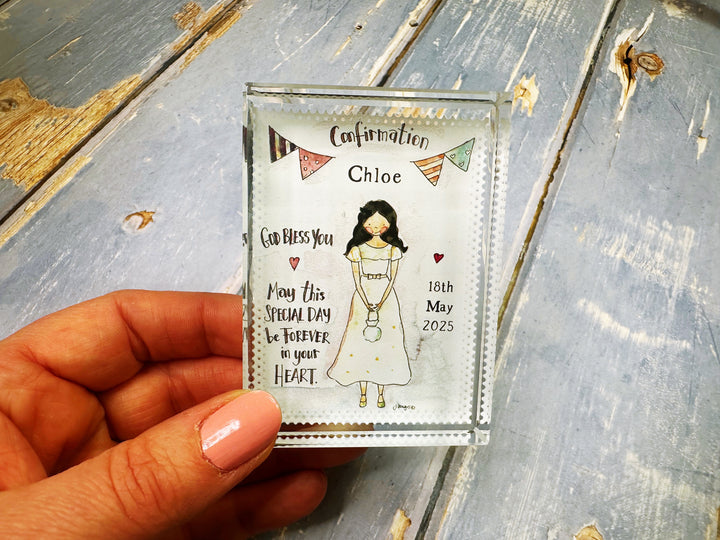 Confirmation Girl with background Little Glass Keepsake Block