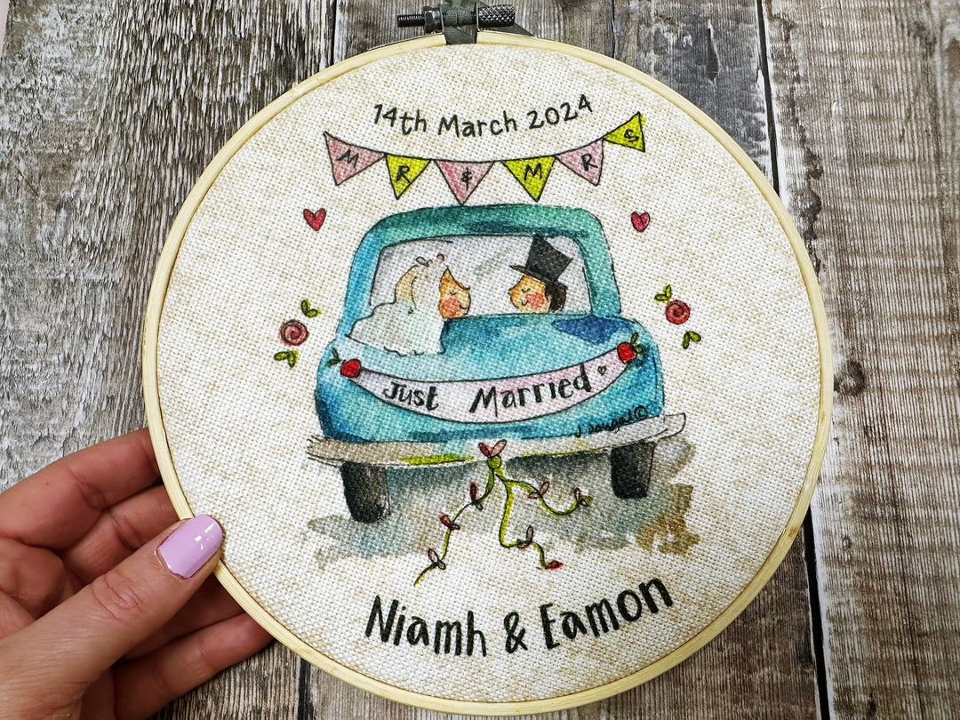 Wedding Little Blue Car Personalised Hanging Fabric Wooden Hoop