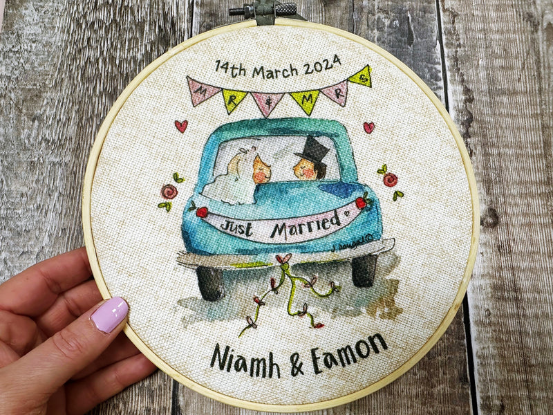 Wedding Little Blue Car Personalised Hanging Fabric Wooden Hoop