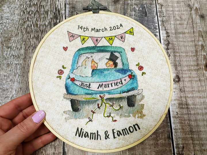 Wedding Little Blue Car Personalised Hanging Fabric Wooden Hoop