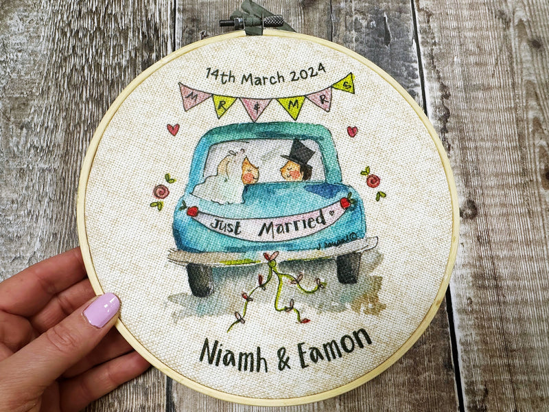 Wedding Little Blue Car Personalised Hanging Fabric Wooden Hoop