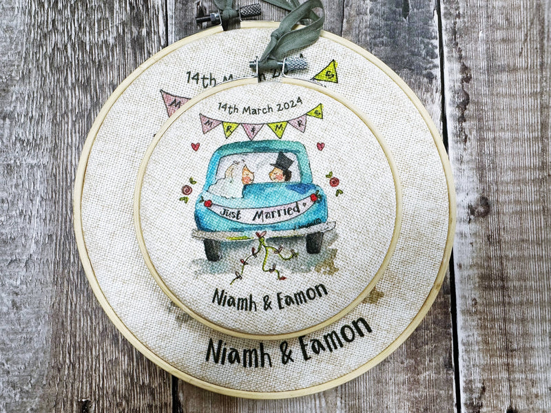 Wedding Little Blue Car Personalised Hanging Fabric Wooden Hoop