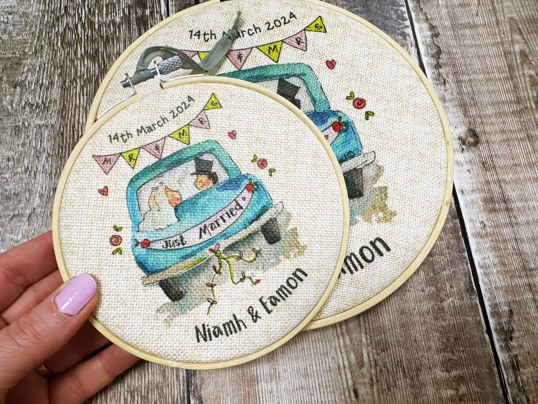 Wedding Little Blue Car Personalised Hanging Fabric Wooden Hoop