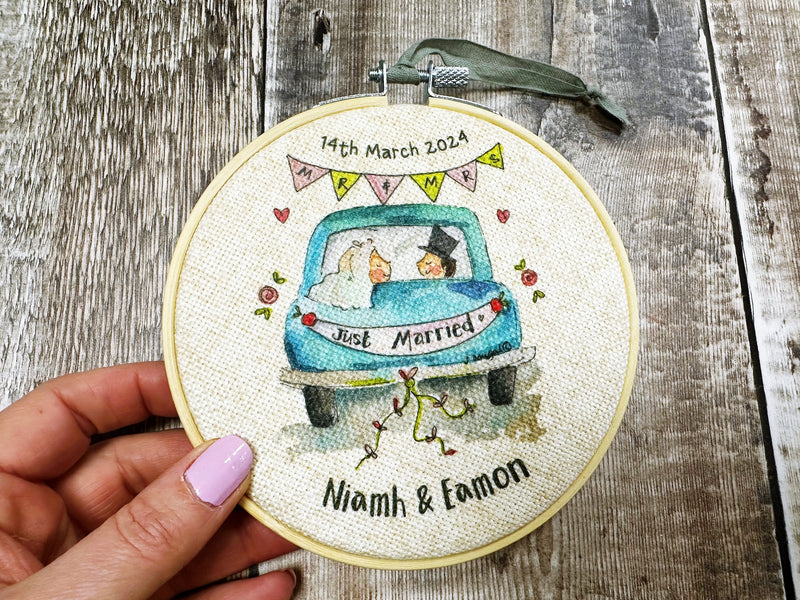Wedding Little Blue Car Personalised Hanging Fabric Wooden Hoop