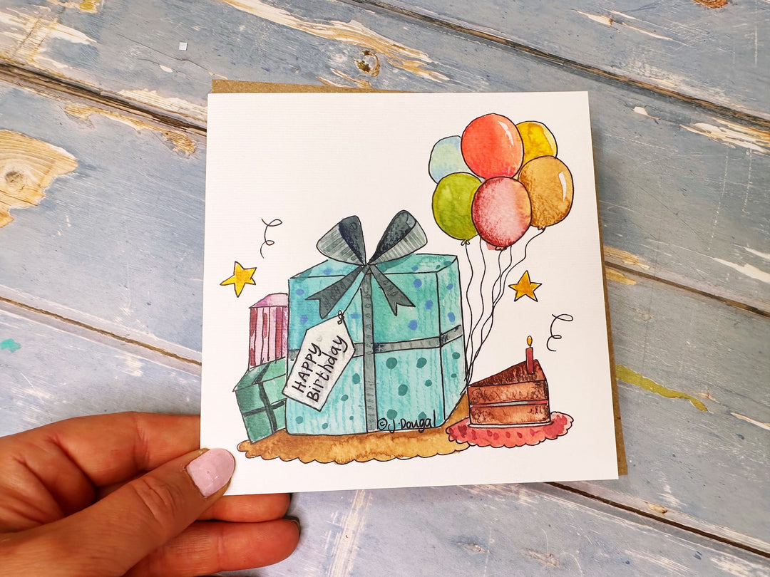 Blue Present and Cake personalised card