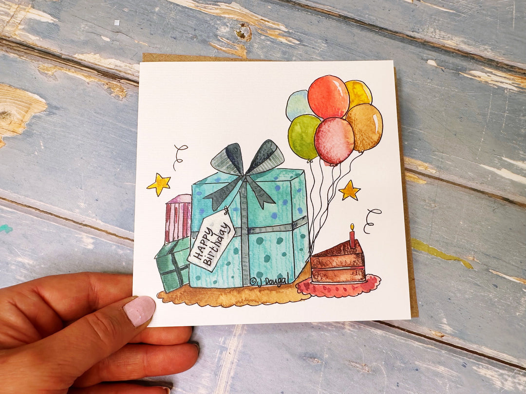 Blue Present and Cake personalised card