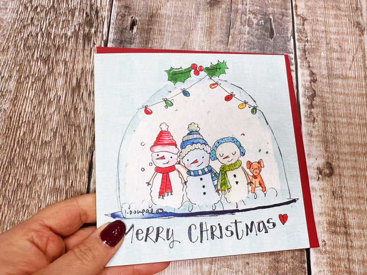 3 Snowmen in Snow Globe Christmas Card - Personalised