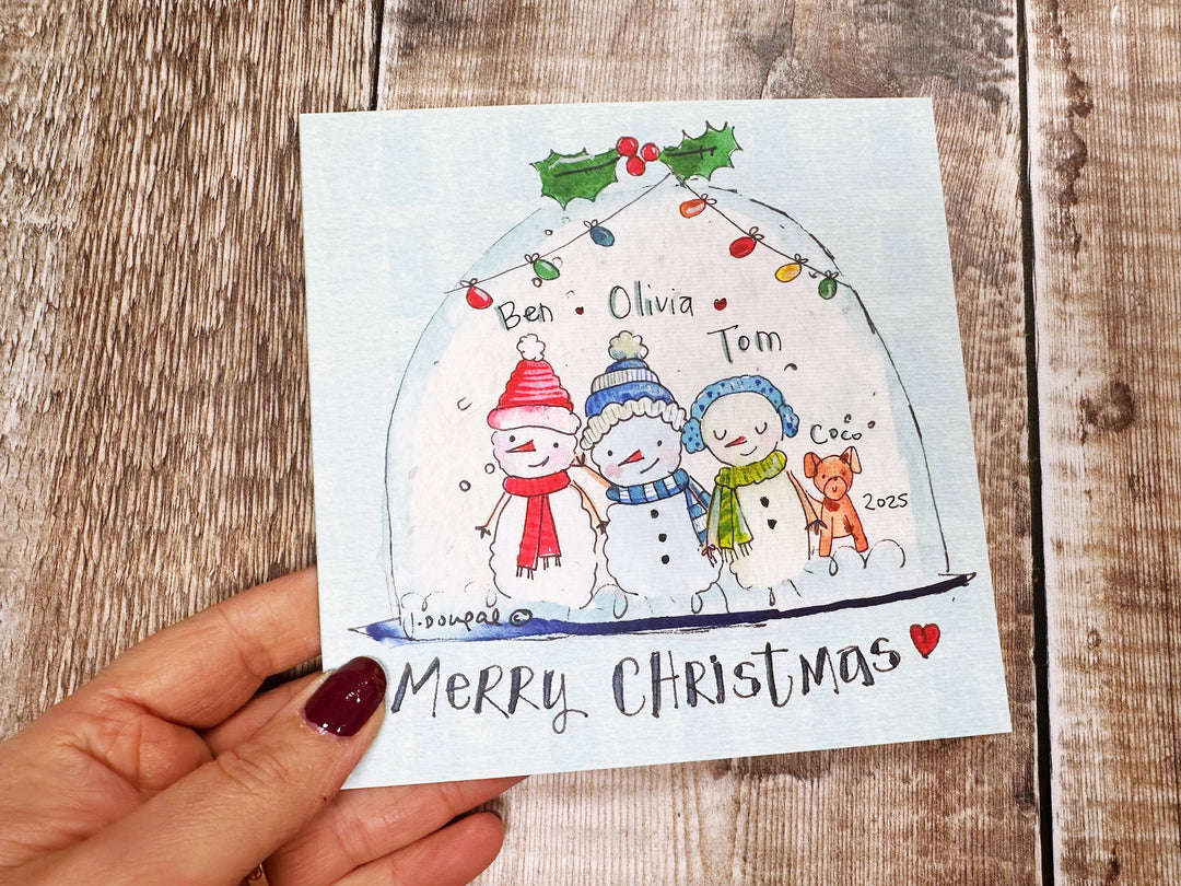 3 Snowmen in Snow Globe Christmas Card - Personalised