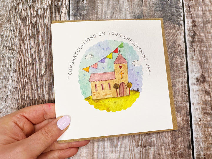 Vintage Cute Christening Day Little Church Card- Personalised
