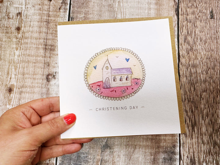 Little Christening Day Pink Church Greeting Card