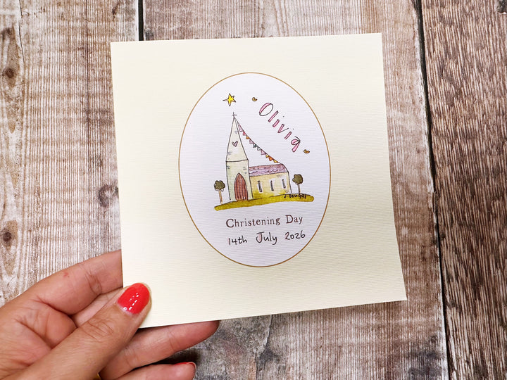 Little Christening Day with Border Church Greeting Card