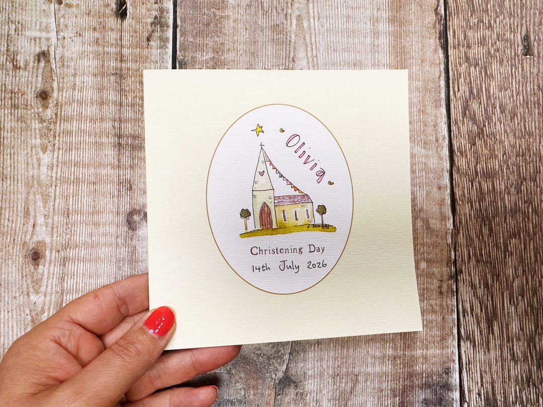Little Christening Day with Border Church Greeting Card