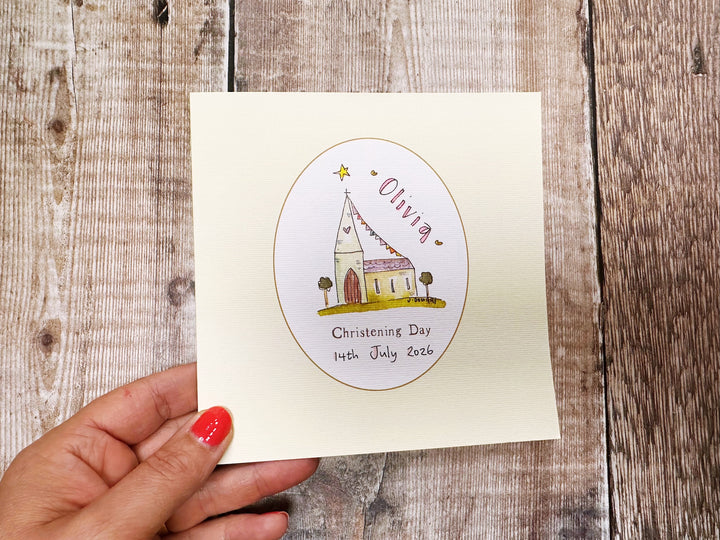 Little Christening Day with Border Church Greeting Card