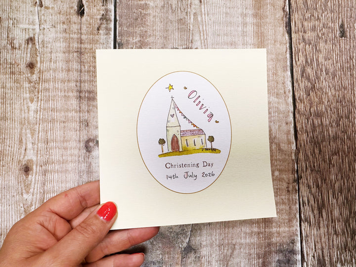 Little Christening Day with Border Church Greeting Card