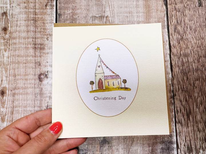Little Christening Day with Border Church Greeting Card