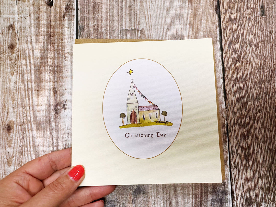 Little Christening Day with Border Church Greeting Card