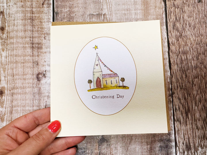Little Christening Day with Border Church Greeting Card