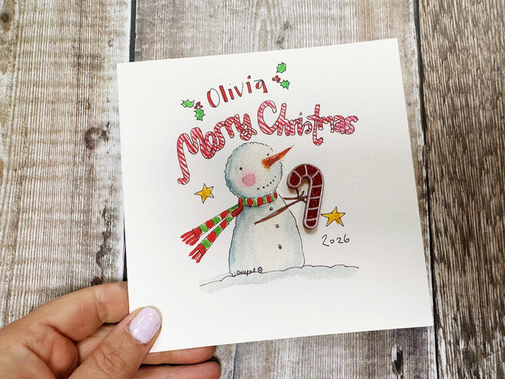 "Candy Cane Snowman" Christmas Card - Personalised