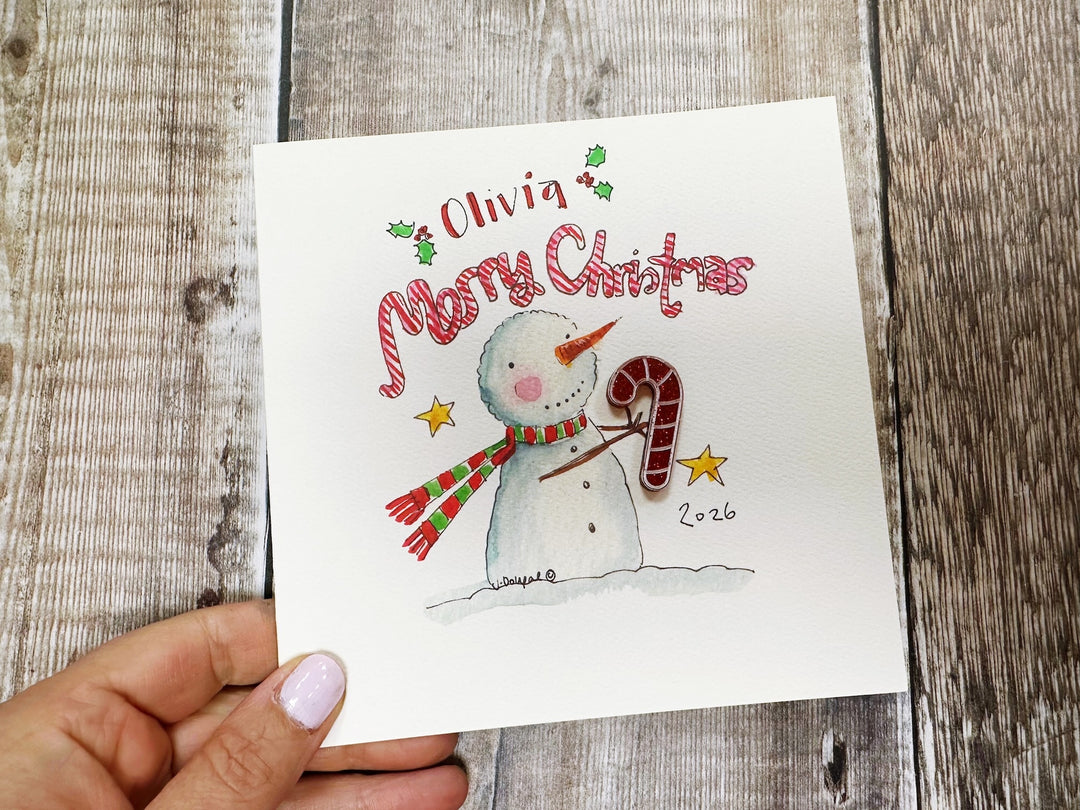"Candy Cane Snowman" Christmas Card - Personalised