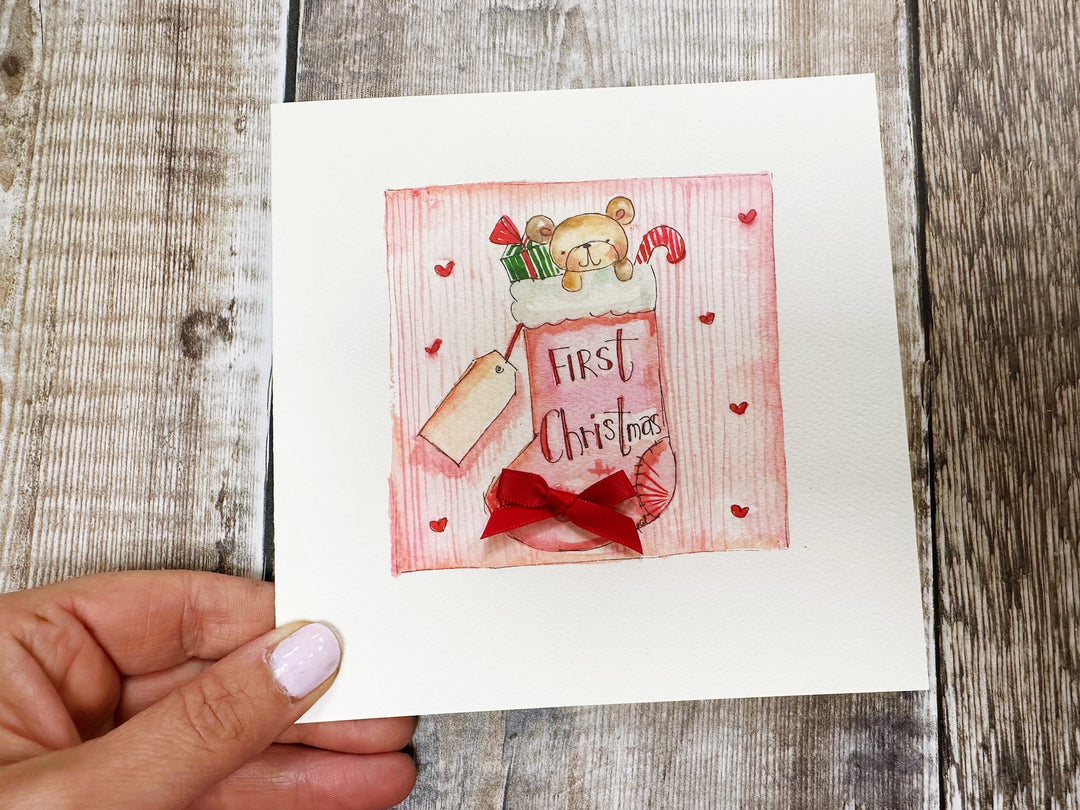"First Christmas Baby Girl Stocking" Christmas Card - Personalised