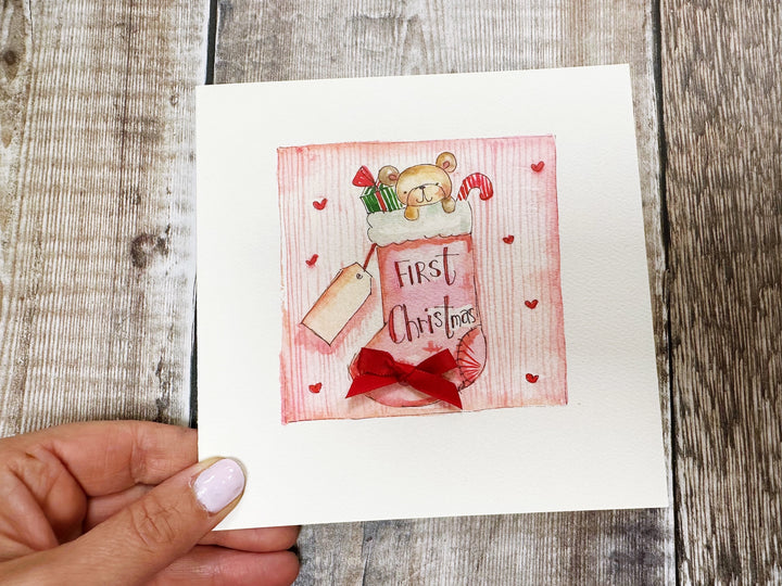 "First Christmas Baby Girl Stocking" Christmas Card - Personalised