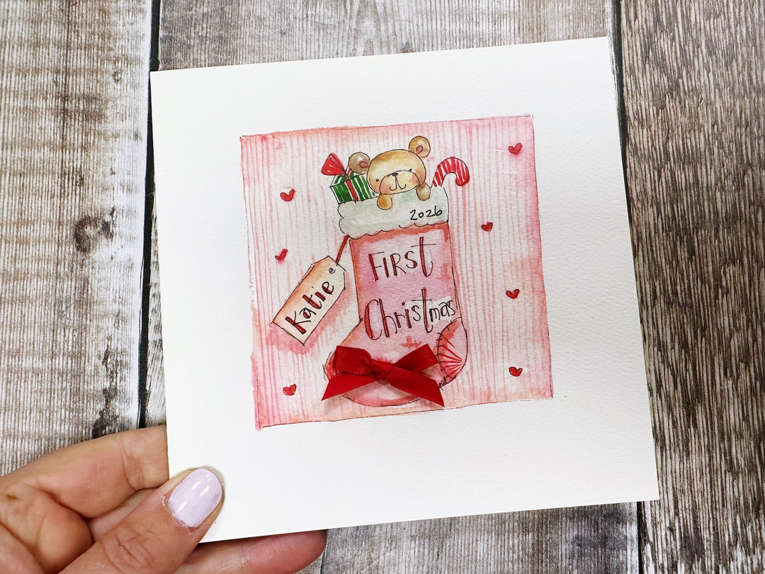 "First Christmas Baby Girl Stocking" Christmas Card - Personalised