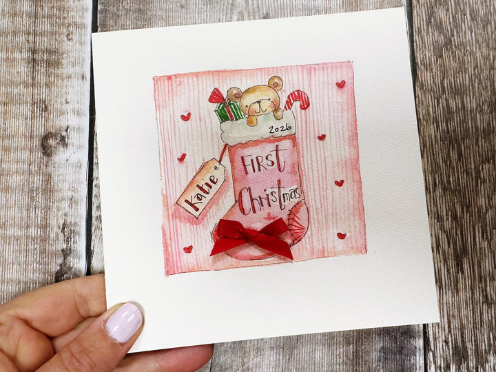 "First Christmas Baby Girl Stocking" Christmas Card - Personalised