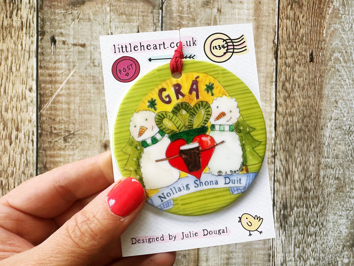 Gra Claddagh Snowmen Gaeilge Happy Christmas Ceramic Decoration (not personalised)