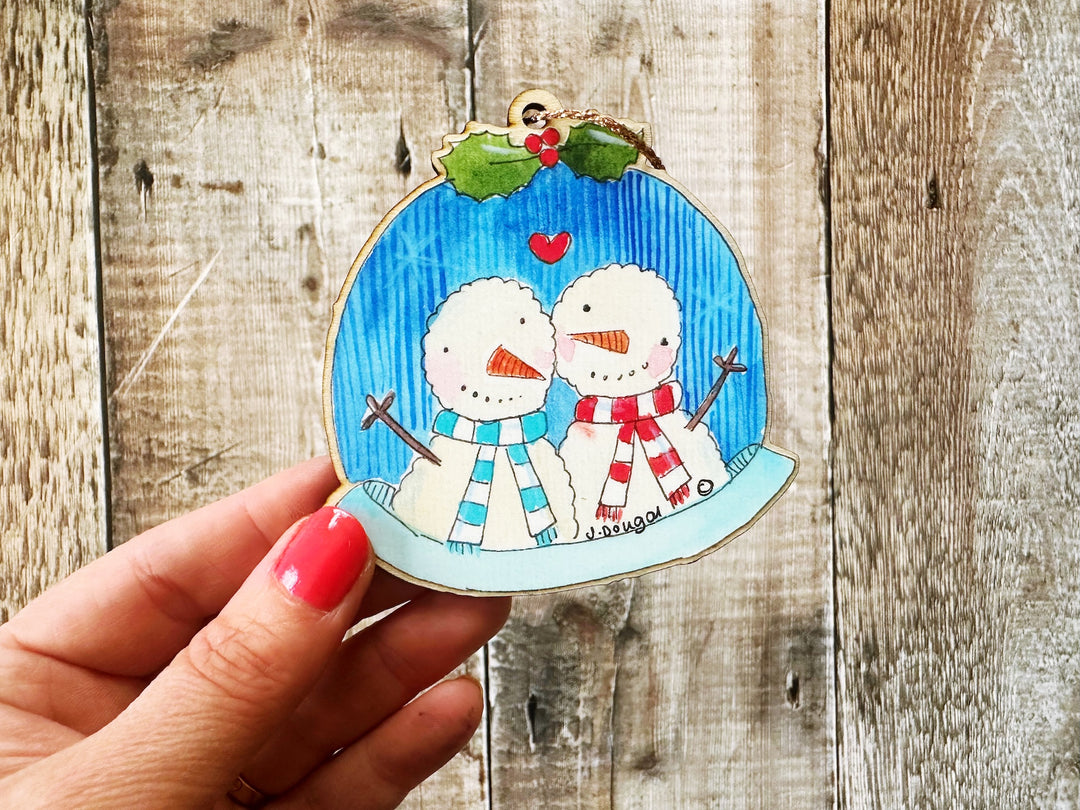 2 snowmen in globe Wooden Hanging Christmas Decoration