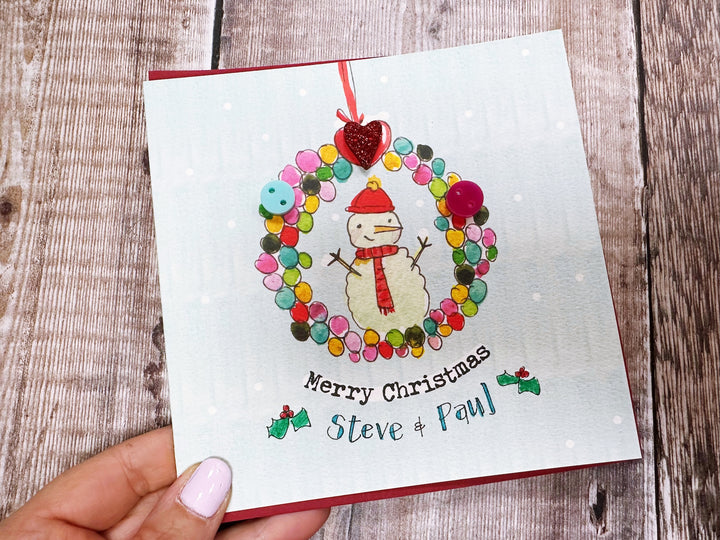 Button Snowman Wreath Christmas Card - Personalised