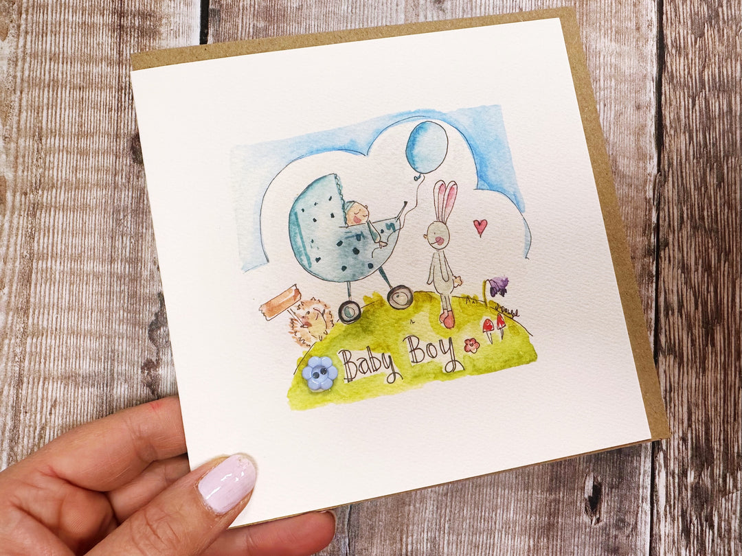 Personalised Blue Pram Baby Gift – Framed Print or Keepsake Card