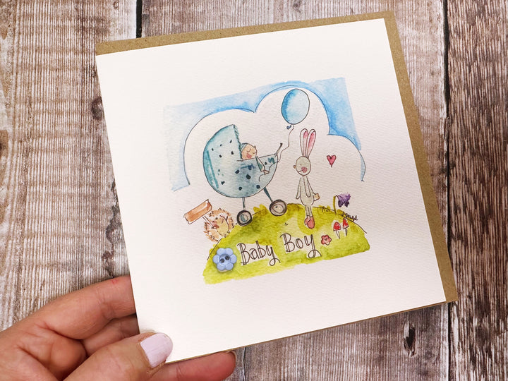 Personalised Blue Pram Baby Gift – Framed Print or Keepsake Card