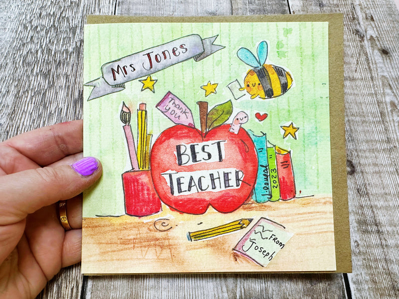 Apple and Bee Teacher Card - Personalised