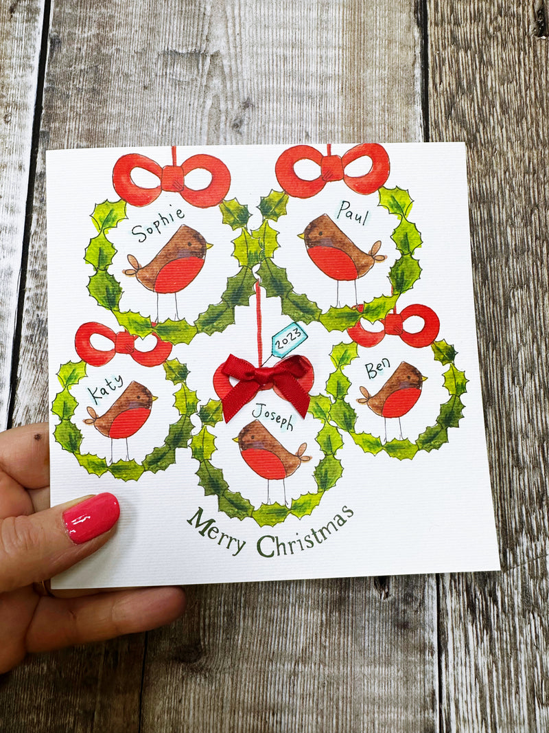 5 Robins Christmas Card - Personalised