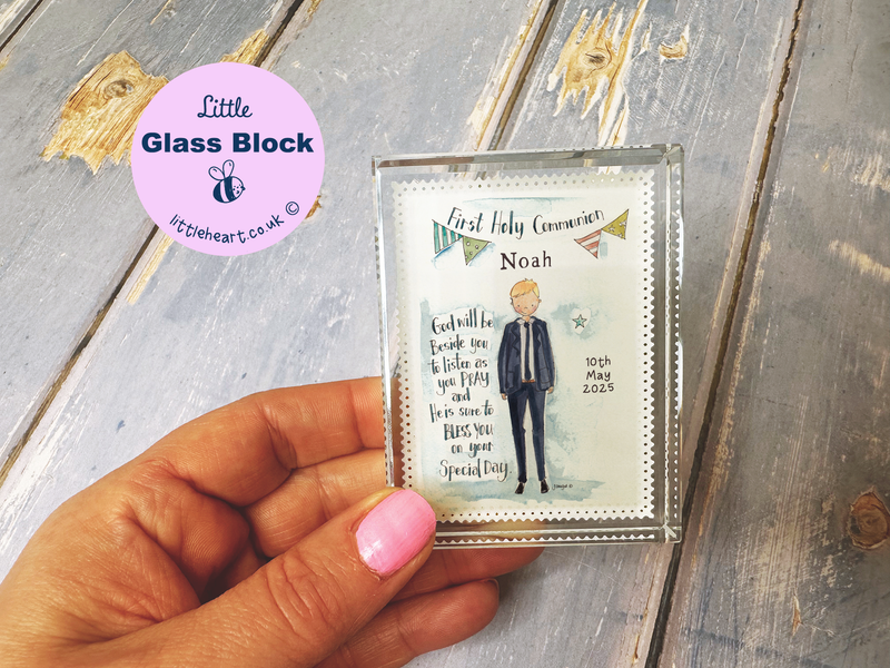 Boyl with Verse First Holy Communion Personalised Glass Block Keepsake