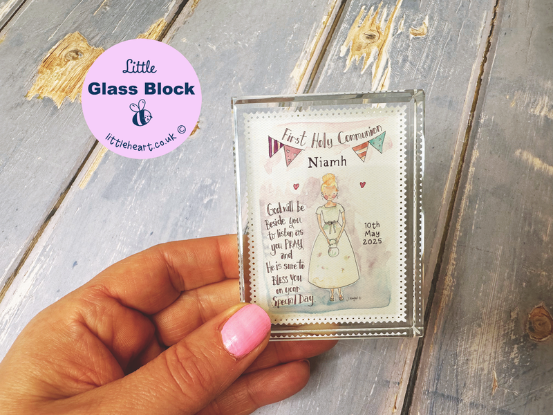 Girl with Verse First Holy Communion Personalised Glass Block Keepsake