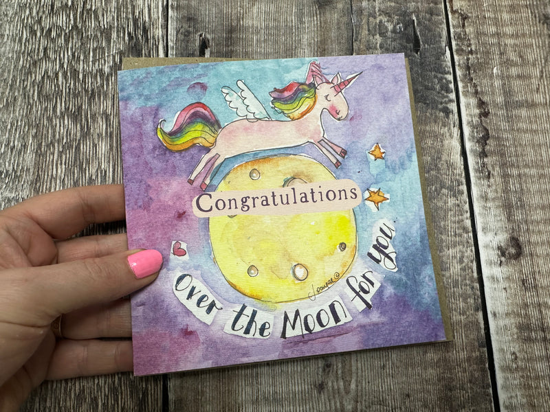 Unicorn Over the moon for you Congratuations Card- Personalised