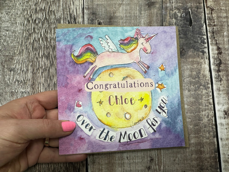 Unicorn Over the moon for you Congratuations Card- Personalised